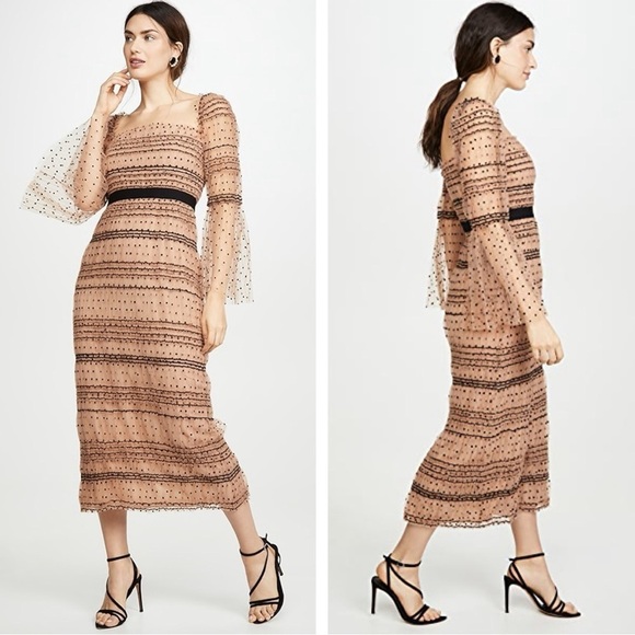 Self-Portrait Shirred Polka Dot Mesh Tulle Cocktail Bodycon Midi Dress size 2 - Picture 3 of 16